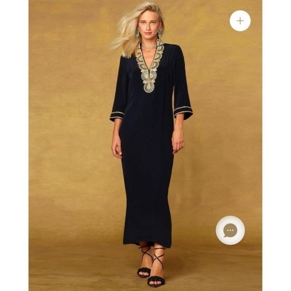 NICOBLU Noor Long Black Tunic Dress with gold embellishment Womens 14P NEW‎